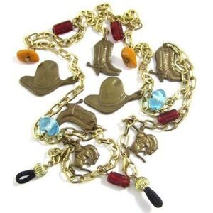 Whimsical Vintage Western Cowboy Horse Charms Gold‎ Tone Eyeglasses Chain Holder